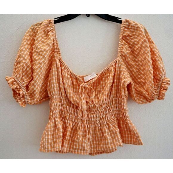 ASTR The Label ALT17038B-003 Women's Sz S Orange Check Puff Sleeve Smocked Top - Picture 1 of 6